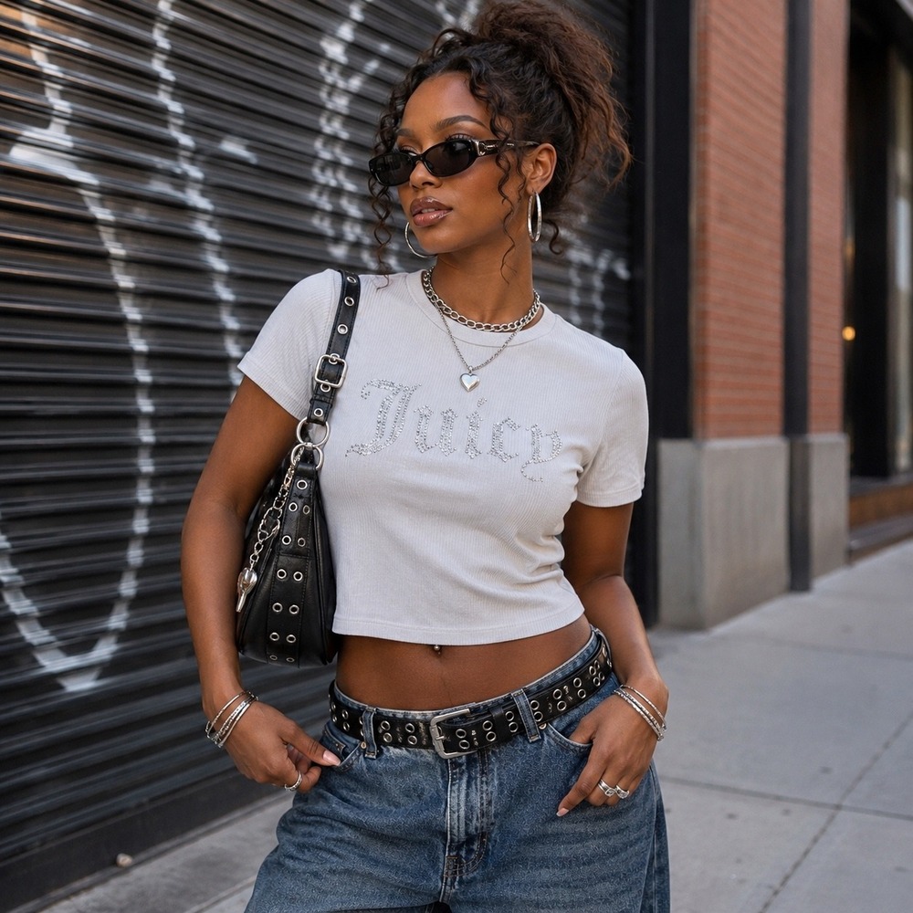 138 Juicy Couture Y2K Rhinestone Logo Ribbed Baby Tee Top Short Sleeve (Stretch)